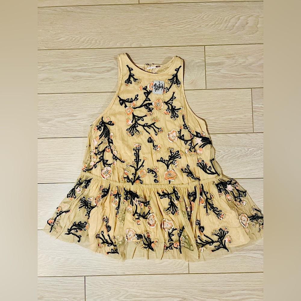 Free people Annabelle trapeze beaded jeweled dress size xs beige pink black NWT